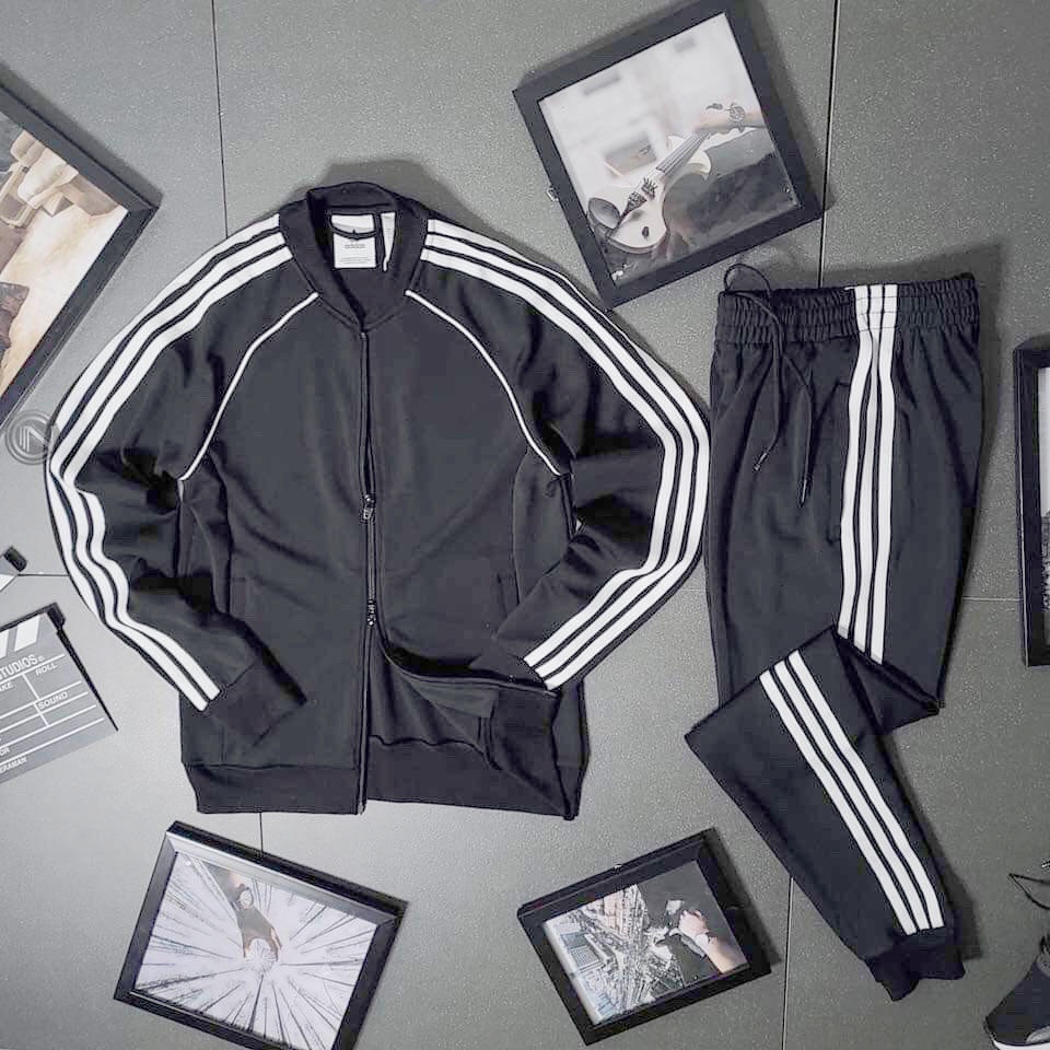 Bộ Quần Áo Thể Thao Thu Đông Cổ Bomber Có Khóa Kẻ Sọc Chất Liệu Vải POLY Da Cá Cao Cấp