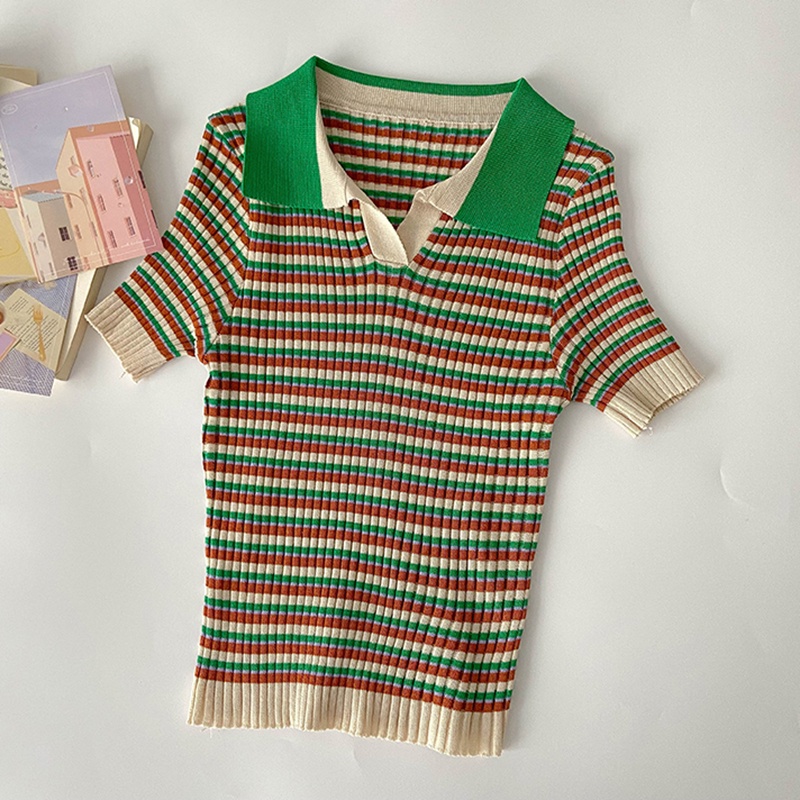 Áo Croptop Len Mongtoghi Kẻ Cổ Bẻ Cộc Tay Co Giãn Thời Trang Sugal TOP NU 049