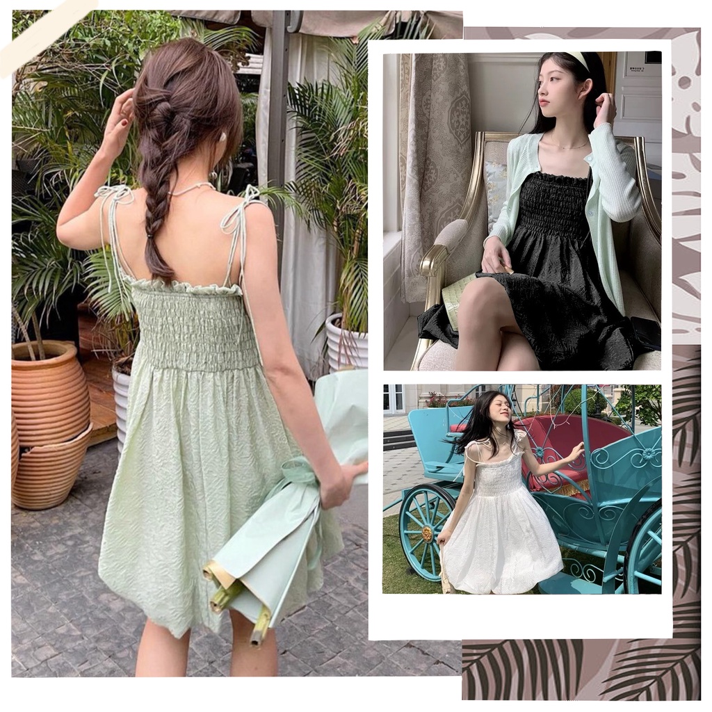 V001 Váy hai dây thắt nơ chun ngực viền bèo Ulzzang dáng xòe xinh xắn đầm voan mềm  Hàn Quốc cá tính phong cách