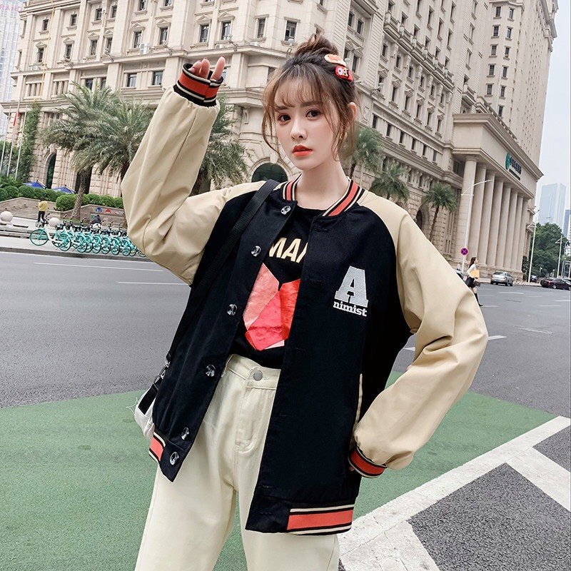 Áo Khoác Dù Nam Nữ Kiểu Bomber In Chữ A Tay Áo Phối Cực Đẹp