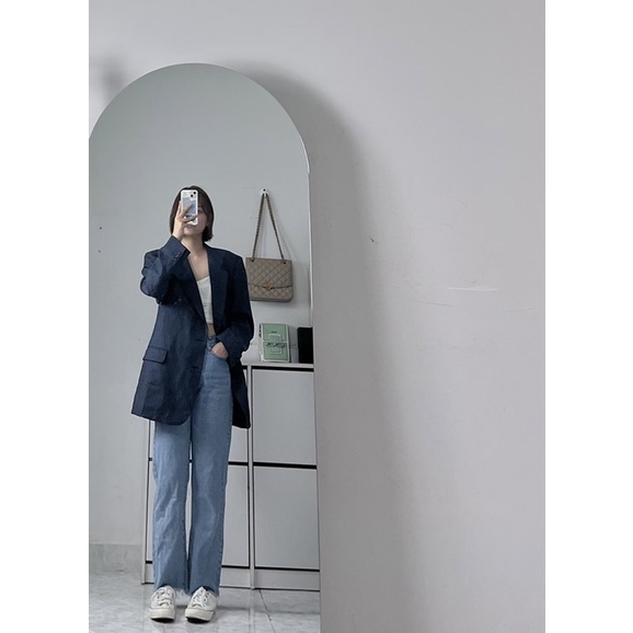 Áo blazer form rộng unisex xám đen kẻ sọc có cầu vai đệm vai thời trang cao cấp