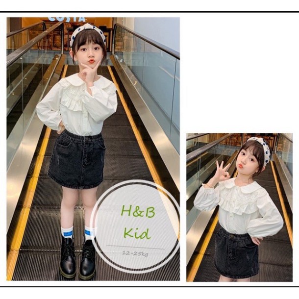 Set áo cổ ren cv jean đen dài tay cho bé gái