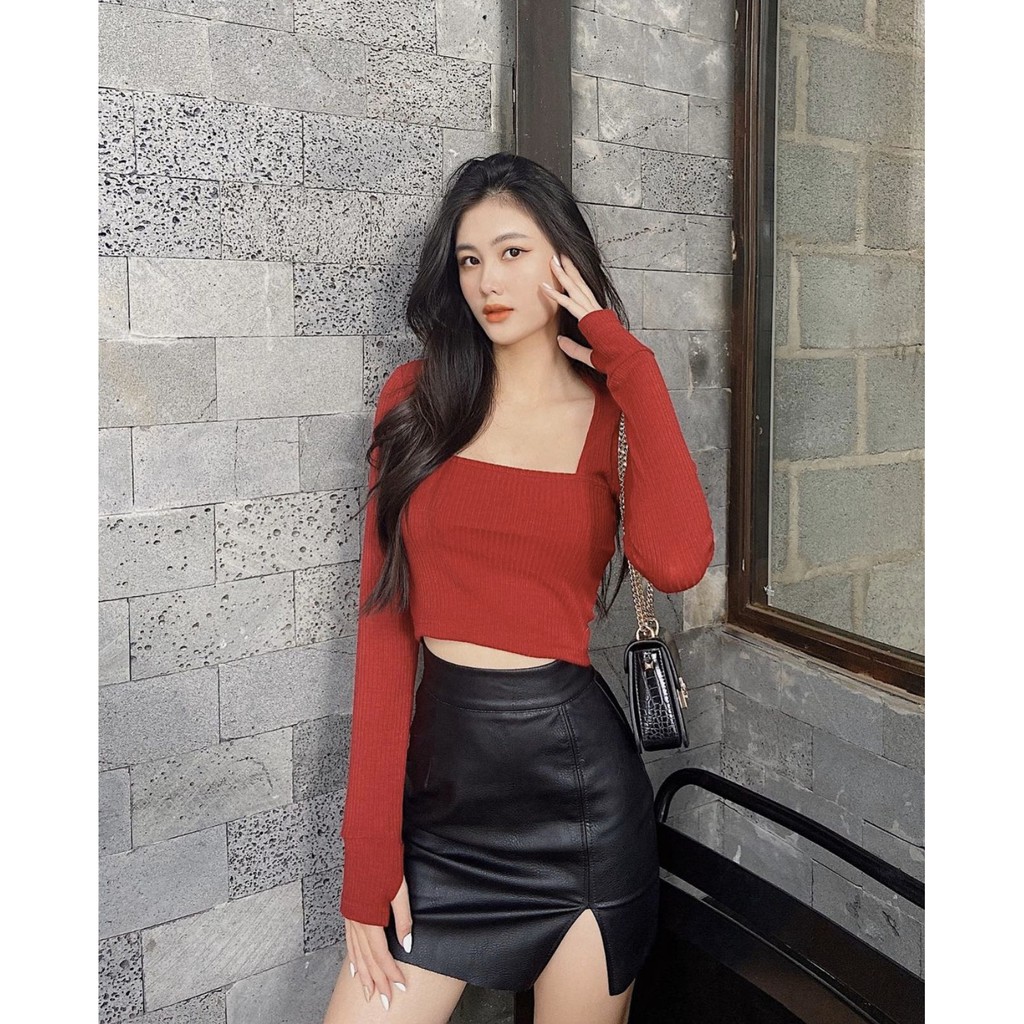 Áo croptop nữ tay dài HHVINTAGE kiểu cổ vuông xỏ ngón co giãn Top A33