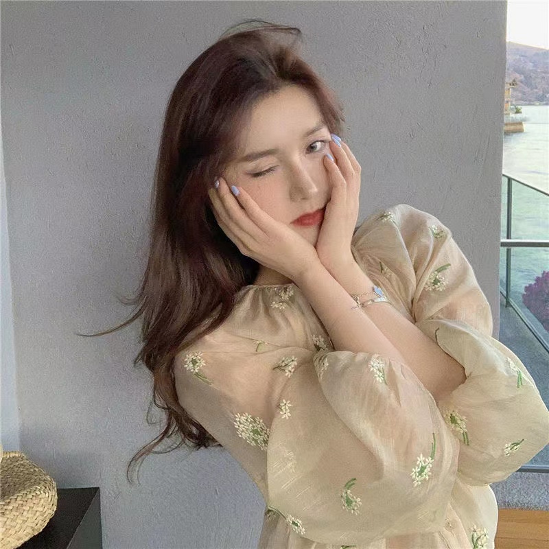 Áo Sơ Mi Voan Dài Tay Thêu Hoa Phong Cách Hàn Quốc Cho Nữ baju baju wanita Lenan panjang