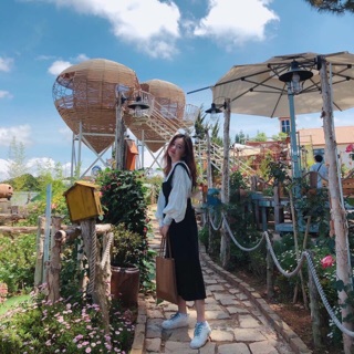 Set đầm yếm midi sơ mi trắng tay phồng