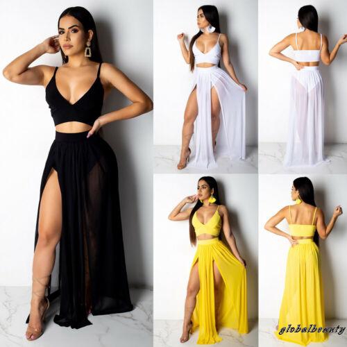 Bộ Áo Croptop + Chân Váy Maxi Xẻ Tà Thời Trang Mùa Hè Quyến Rũ Cho Nữ