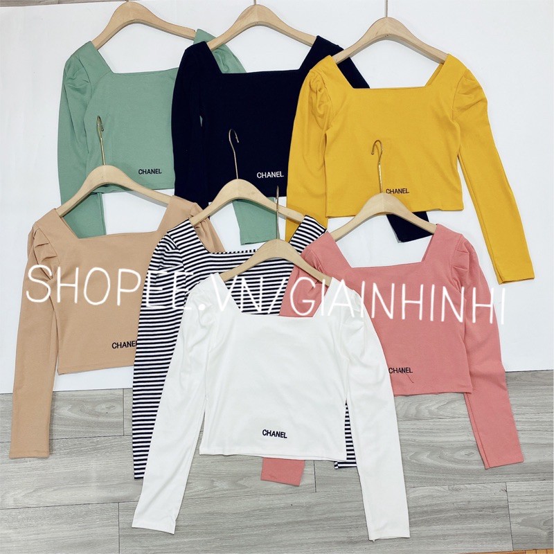 Áo phông thêu chữ CN, Áo thun cổ vuông bồng vai tay dài CS1167 - NhiNhiShop | BigBuy360 - bigbuy360.vn