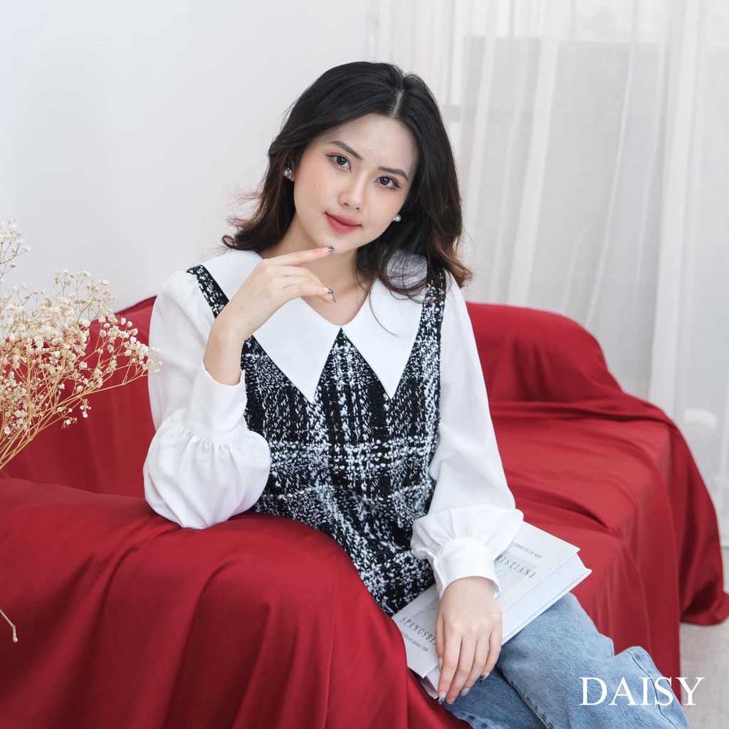 Áo kiểu dạ Tweed DAISY cổ bèo nhọn, dài tay măng séc họa tiết kẻ nanh sói gấu tuarua TKA8802