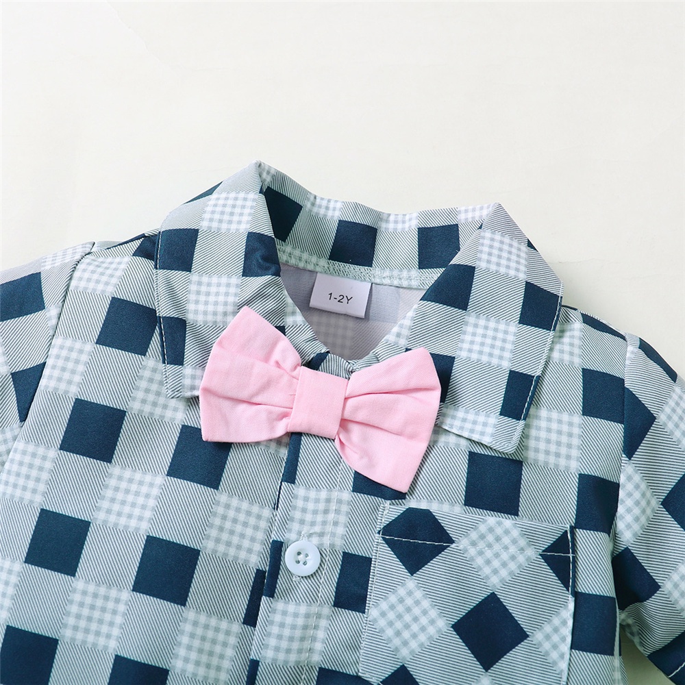 Set Đồ Mùa Hè 2 Món Gồm Áo Sơ Mi Tay Cộc Cà Vạt Kẻ Sọc Caro + Quần Ngắn Cho Bé Trai 1-5 Tuổi