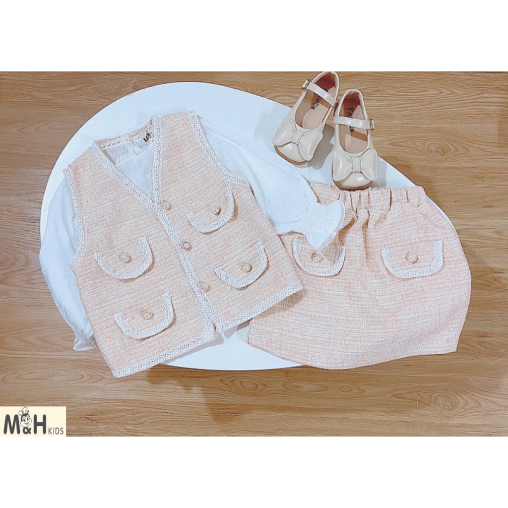 (Set) áo khoác dạ tweed kèm áo sơmi và chân váy cho bé gái 15-28kg