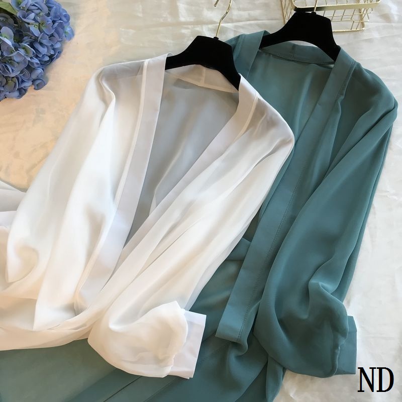 Áo sơ mi chiffon mỏng dáng rộng dài qua gối thời trang đi biển mùa hè 2022 cho nữ
