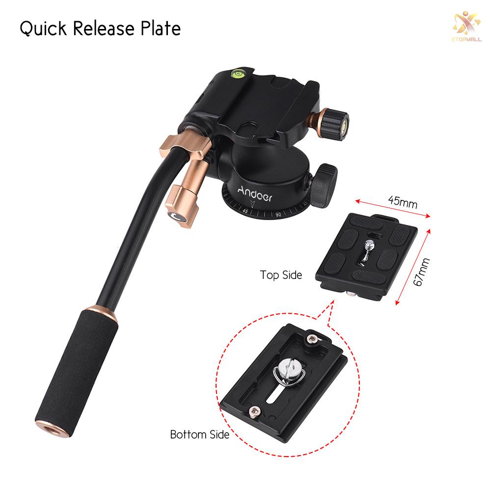 ET Andoer Q08S Aluminum Alloy 3-Way Damping Video Head Tripod Head with Pan Bar Handle Support 360° Panoramic Shooting 1/4&quot; Screw Mount 3/8&quot; Screw Hole for DSLR ILDC Camera for Tripod Monopod Max. Load 6kg
