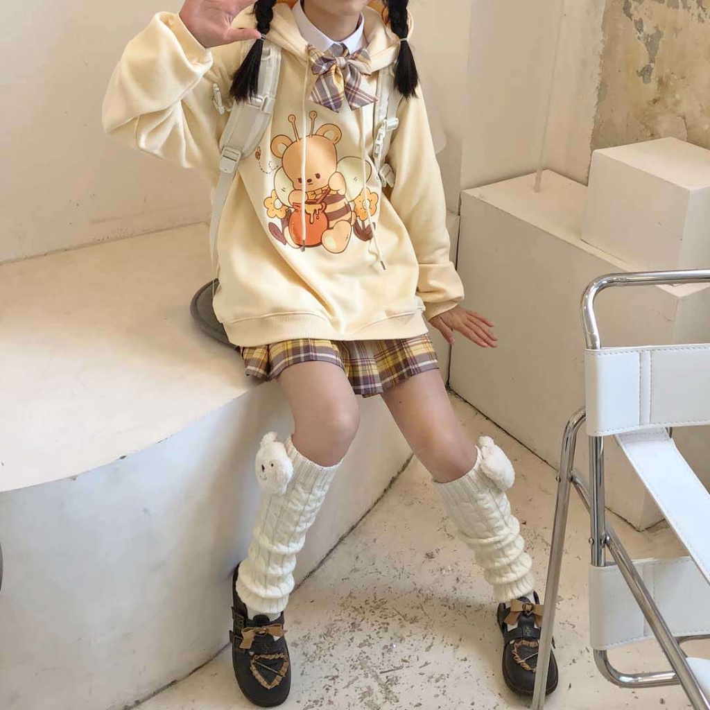 Áo Hoodie Form Rộng In Họa Tiết Gấu Dễ Thương Phong Cách Nhật Bản Cho Nữ Sinh