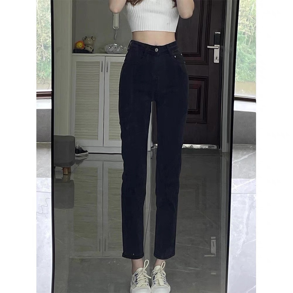 Quần bò nữ đen trơn ống nhỏ -  Quần slim baggy jean ống suông lưng cao quảng châu hàng sẵn