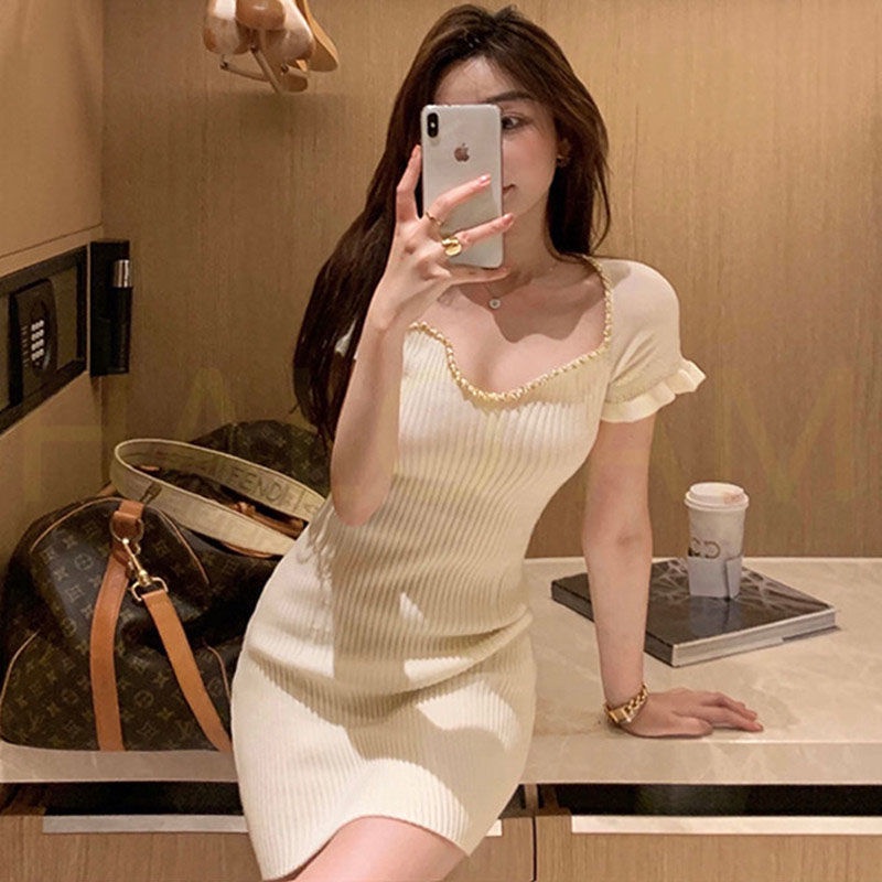 Jiashucheng Đầm Dệt Kim Mỏng Tay Ngắn Dáng Ôm Thời Trang Mùa Hè Pháp Ngọt Ngào Quyến Rũ Dành Cho Nữ