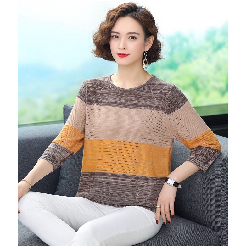 {Hàng sẵn} Áo len mỏng nữ phối màu thời trang trung niên, thời trang thu đông cho phái nữ