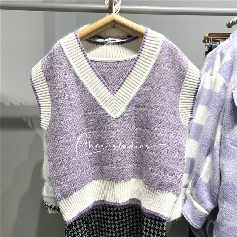 Áo dệt kim không tay cổ chữ V dáng ôm họa tiết sọc caro thời trang trẻ trung dành cho nữ