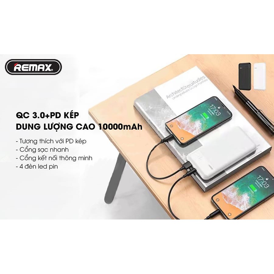 Sạc Dự Phòng Remax RPP-151 10000Mah (Sạc Nhanh QC3.0, PD 18W) 2 Cổng Sạc Vào, 1 Cổng Sạc Ra, Màn Hình Led - Hưng Long PC