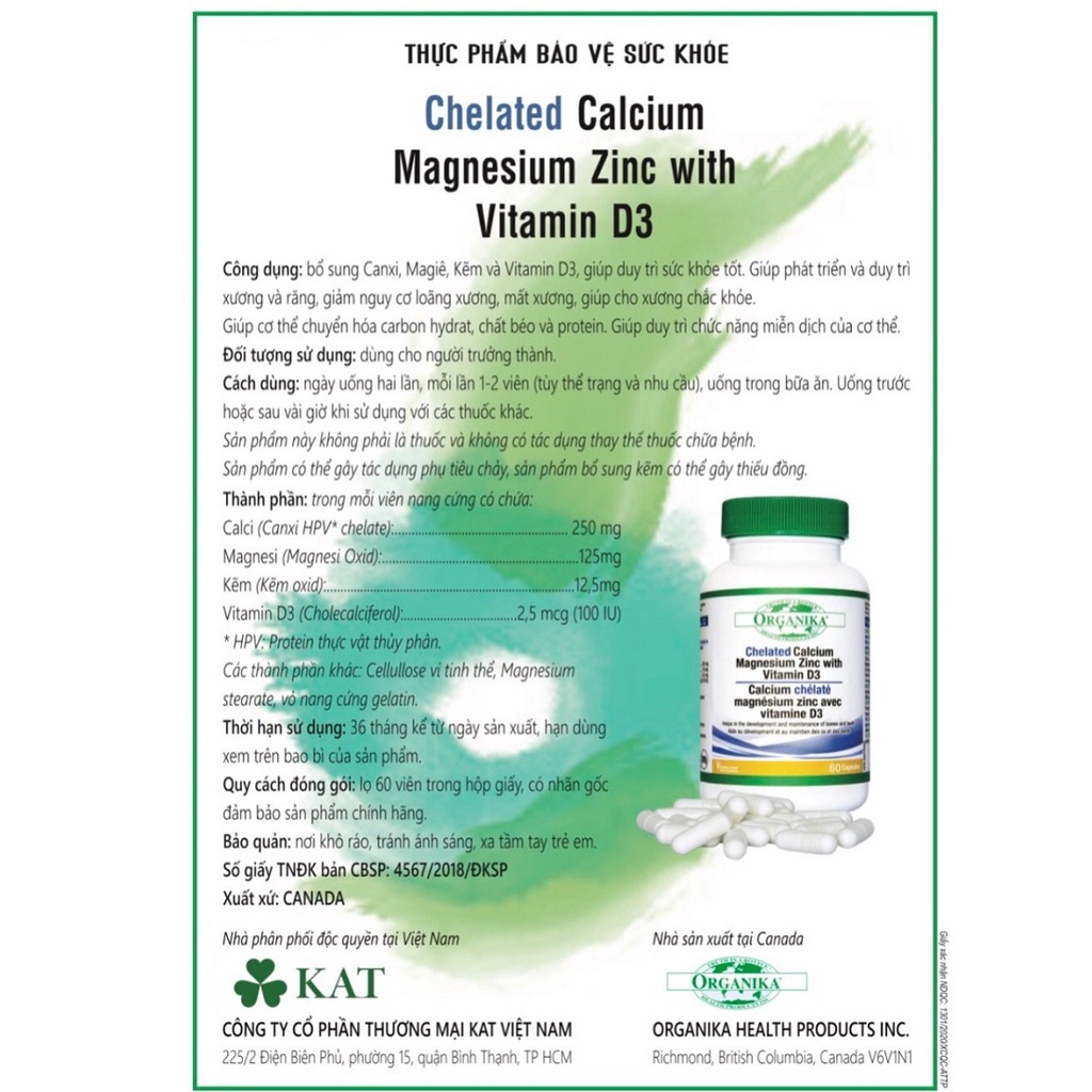 Canxi hữu cơ cho bà bầu, người lớn Organika Calcium Magnesium Zinc D3 lọ 60 viên - tăng chiều cao cho bé