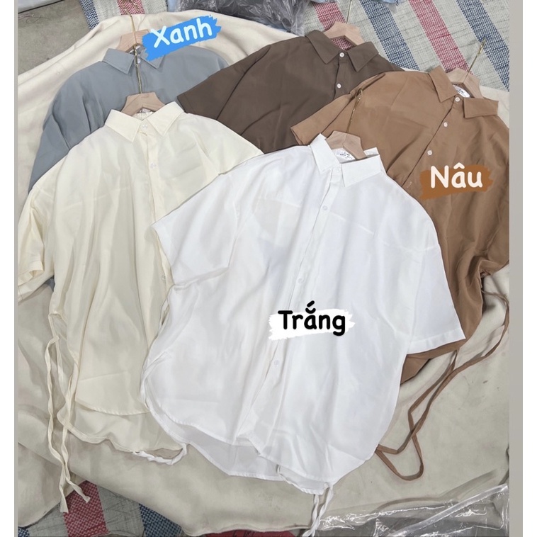 Áo sơ mi lụa hàn BUỘC DÂY bên hông - Áo sơ mi nữ cộc tay hàng QC (video/sẵn)