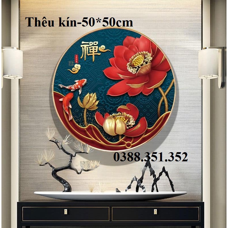 Tranh thêu chữ thập hoa sen tuyệt đẹp thêu kín 50*50cm