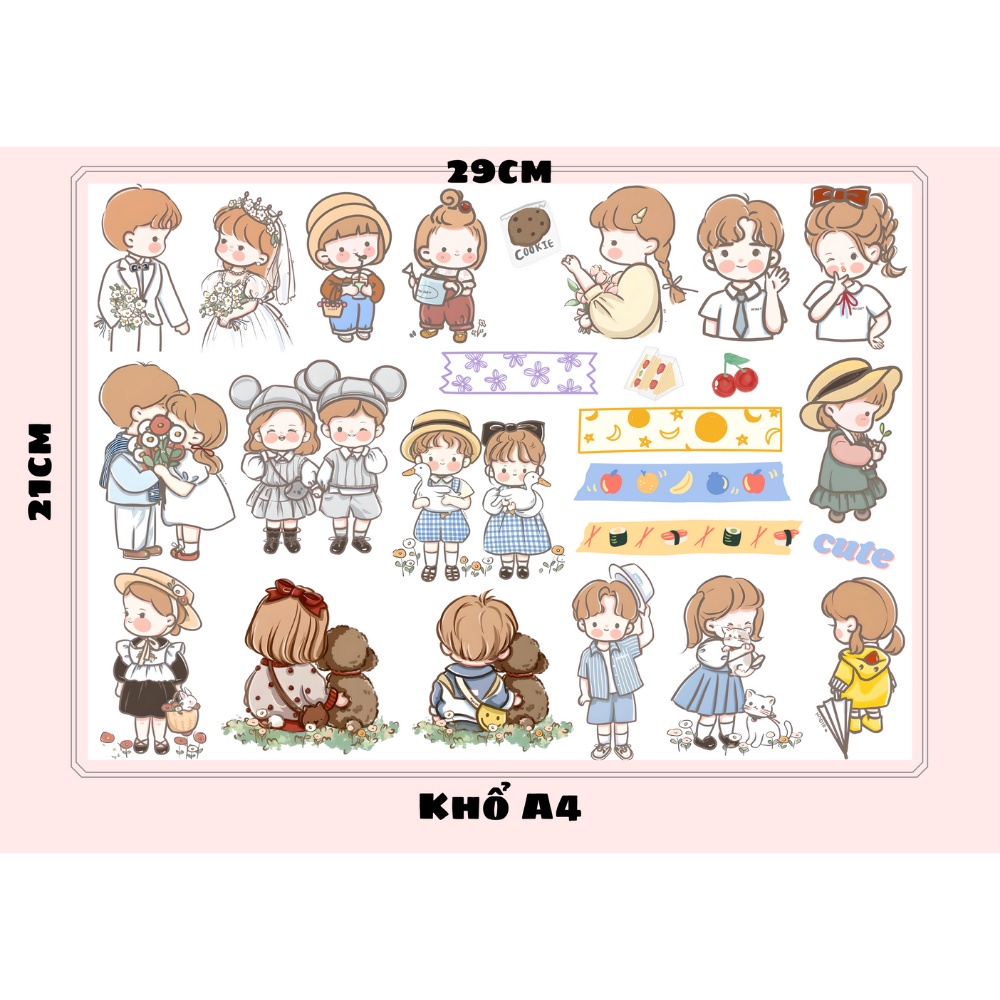 Sticker/ Nhãn dán Couple, chàng trai cô gái dễ thương chống nước trang trí sổ tay, mũ bảo hiểm, vali, bình nước