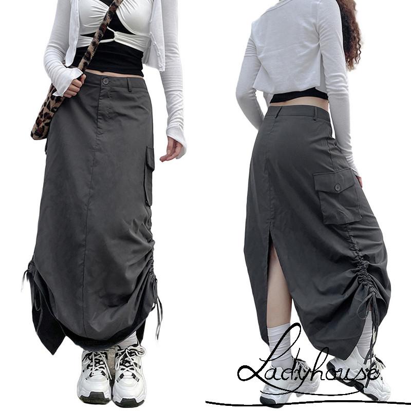 Chân Váy Dài Dáng Rộng Màu Trơn Dây Rút Tùy Chỉnh Thời Trang Mùa Hè Cho Nữ