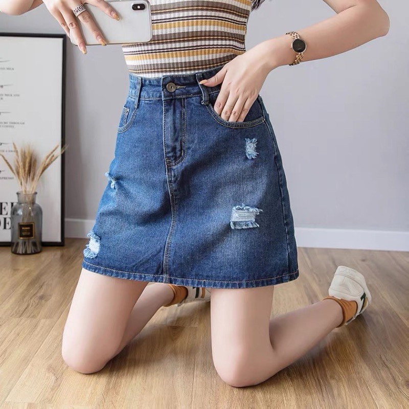 Quần Váy Jean Bigsize Co Giãn Mạnh DÀI 46cm - LƯNG CAO TRÊN RỐN - XANH ĐẬM RÁCH | BigBuy360 - bigbuy360.vn