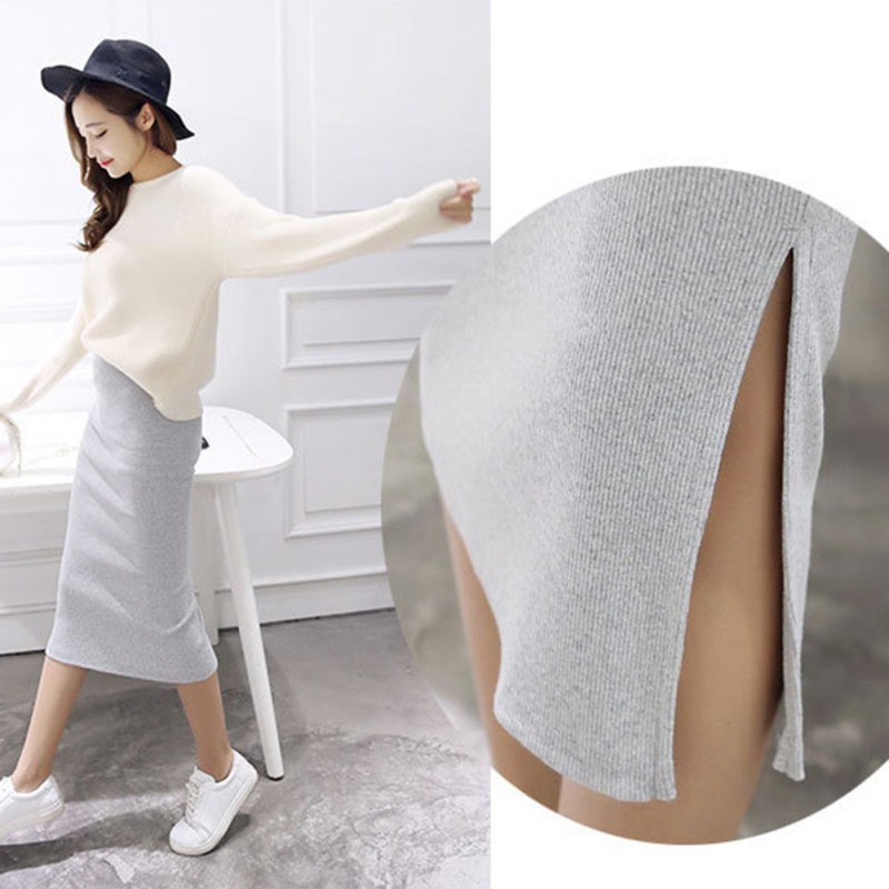 ❍Phụ nữ Thường xẻ bắp chân dài bằng vải cotton co giãn rắn chắc váy bút chì mỏng