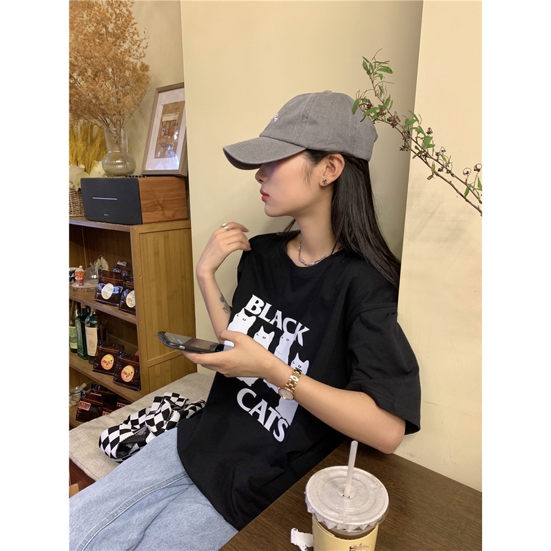 Áo Thun Cotton Trơn Cổ Tròn In Hình Mèo Dễ Phối Đồ 49911