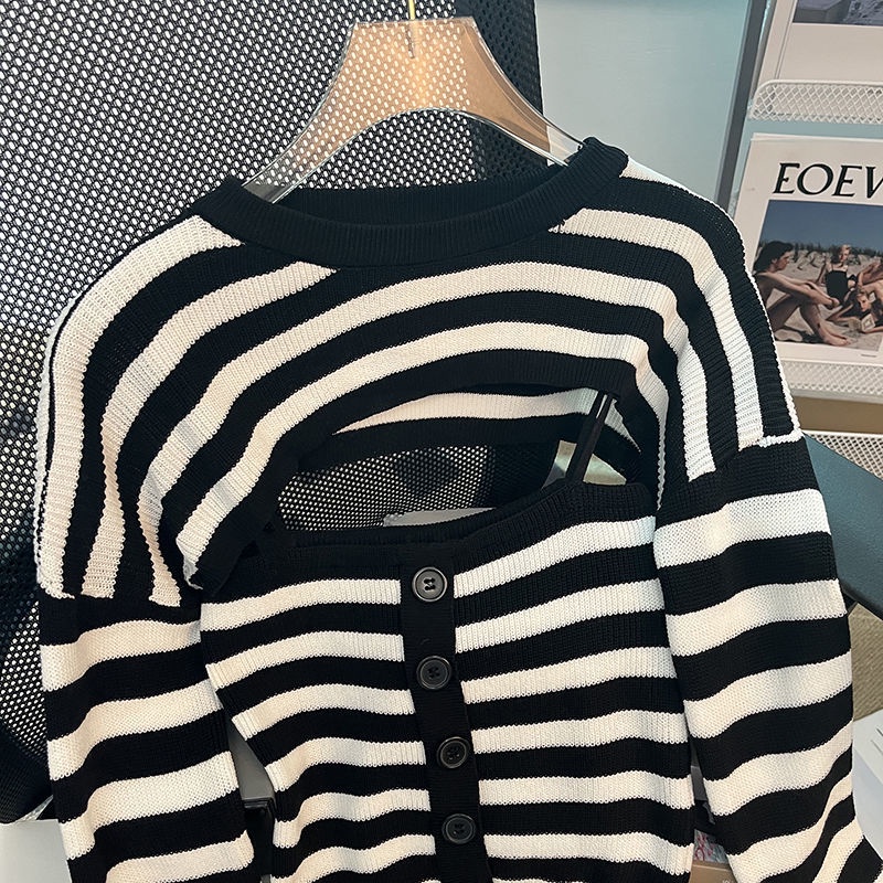 Set Áo Thun Dài Tay Họa Tiết Kẻ Sọc Và Quần Yếm Thời Trang Mới Cho Nữ