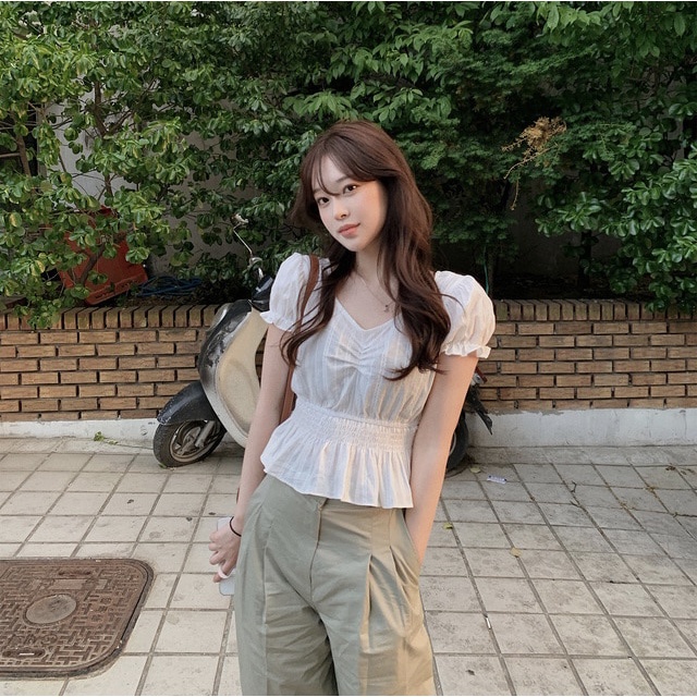 SUXI Áo Sơ Mi Tay Ngắn Cổ Chữ V Màu Sắc Đơn Giản Phong Cách Hàn Quốc