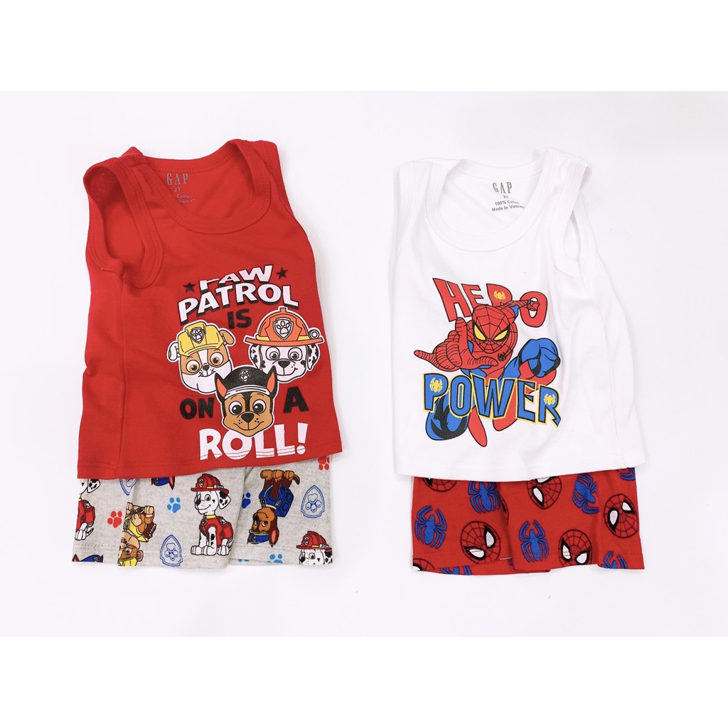 Quần áo trẻ em, bộ ba lỗ GAP cho bé trai họa tiết siêu nhân, người nhện, chó cứu hộ Xu Xu Kids size từ 8-22kg