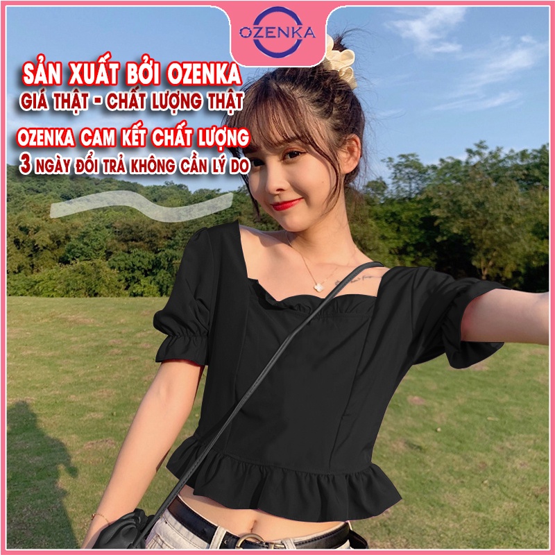Áo croptop nữ rộng kiểu Hàn Quốc tay phồng  viền bánh bèo OZENKA chất thun gân 100% cotton  màu đen trắng dưới 50 kg