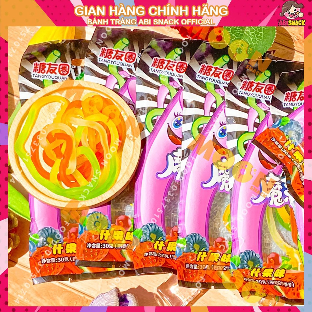 Kẹo dẻo vị trái cây hình sợi mì dây thun siêu ngộ nghĩnh gói 30g Moon Snack Food