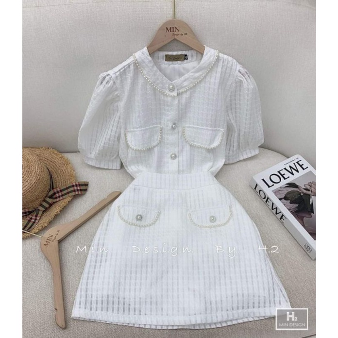 Sét áo cổ tàu đính ngọc + chân váy