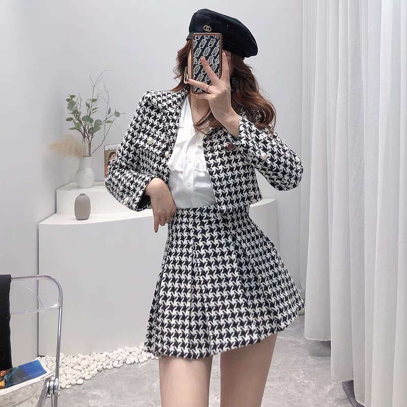 Set Dạ Tweed Chân Váy Xòe Họa Tiết Siêu Xinh Phong Cách Tiểu Thư Thu Đông_Hàng QCCC