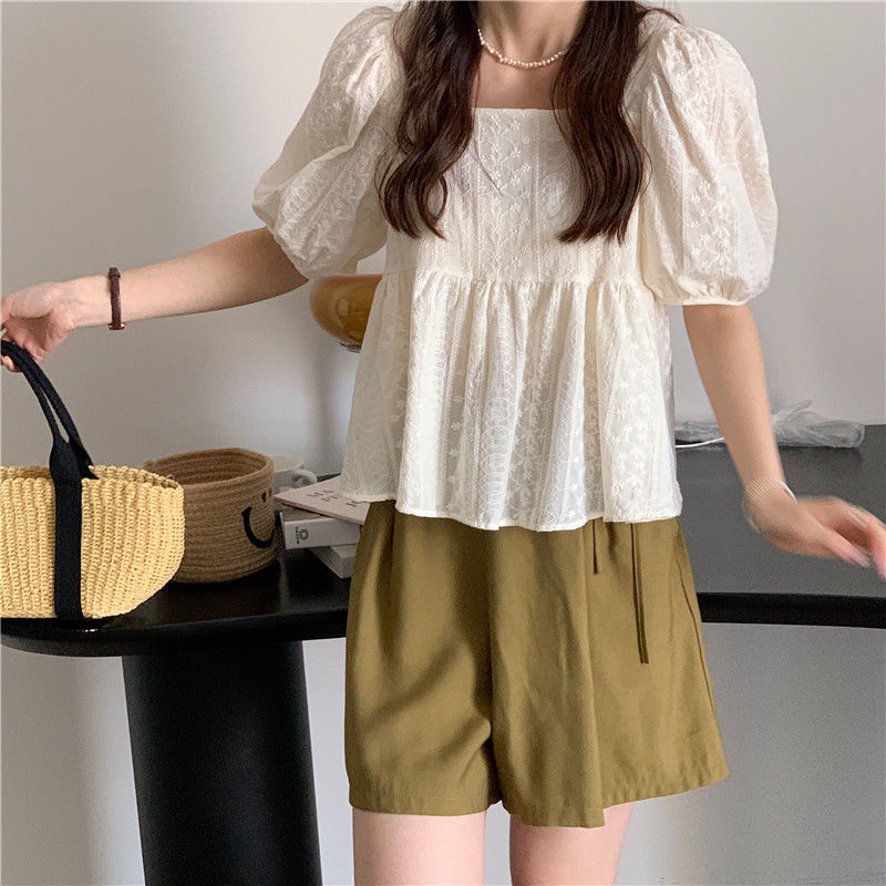 Áo Kiểu Tay Phồng Cổ Vuông Phối Ren Thời Trang Mùa Hè Xinh Xắn Cho Bé