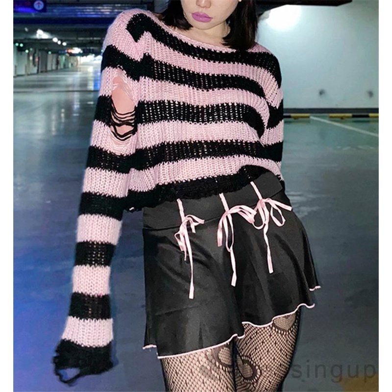 Đầm Len Tay Dài Cổ Tròn Họa Tiết Kẻ Sọc Màu Sắc Thời Trang Cho Nữ