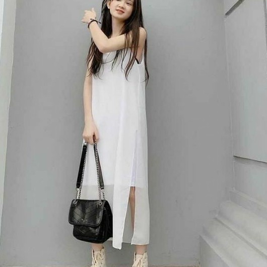 Đầm vôn phôm suông  dáng dài quá gối xẻ tà 2 lớp đẹp