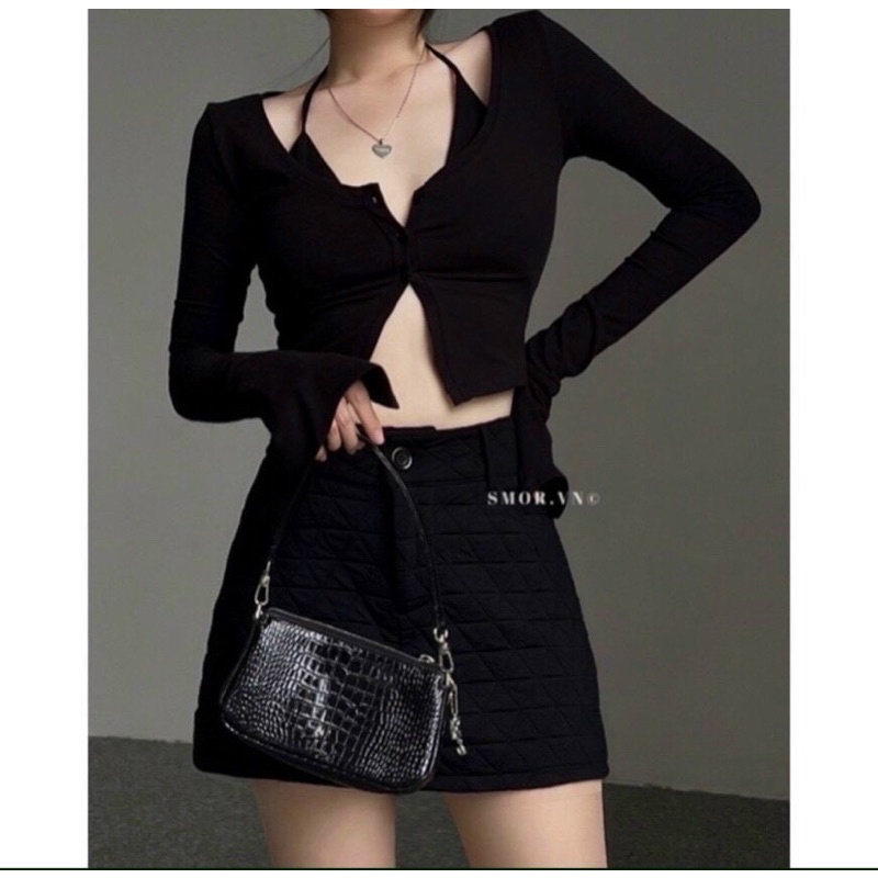 Set áo croptop yếm chân váy A đen