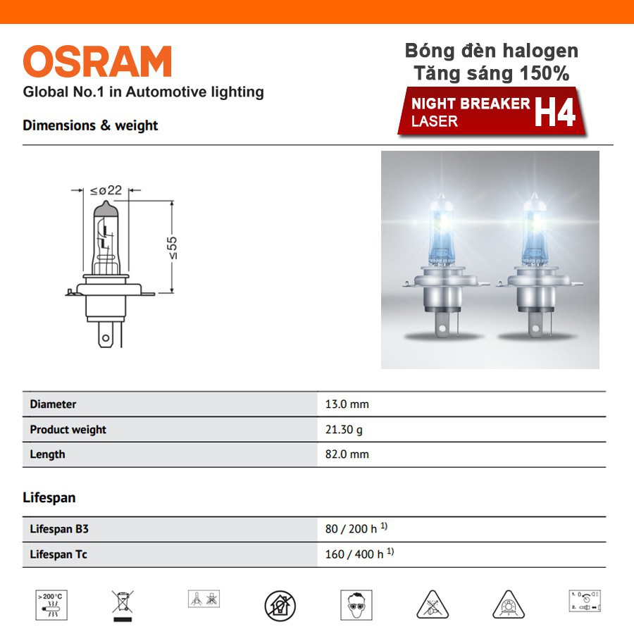 Bóng đèn halogen tăng sáng 150% OSRAM NIGHT BREAKER LASER H4 12v 60/55w