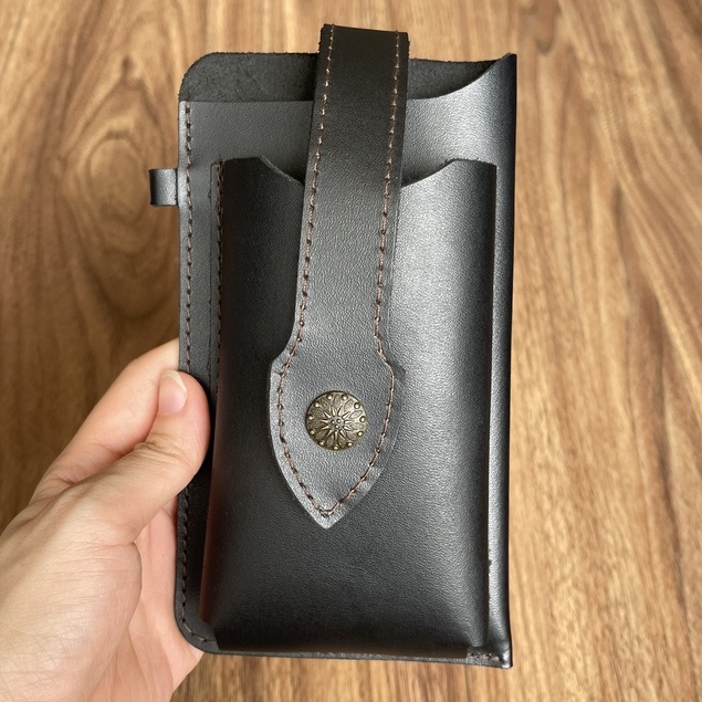 Bao da bò thật đựng 2 điện thoại hoặc bao thuốc, Bao da đeo thắt lưng Handmade da bò sáp thật 100%