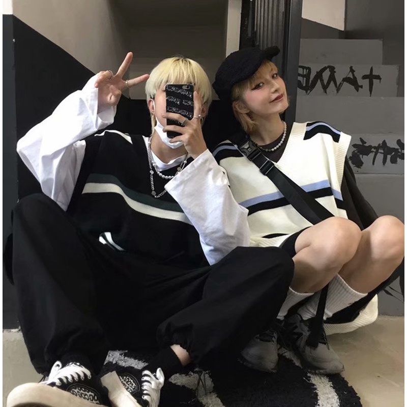 Áo Sweater dệt kim không tay cổ chữ V dáng rộng phong cách Retro Hàn Quốc thời trang cho nam và nữ