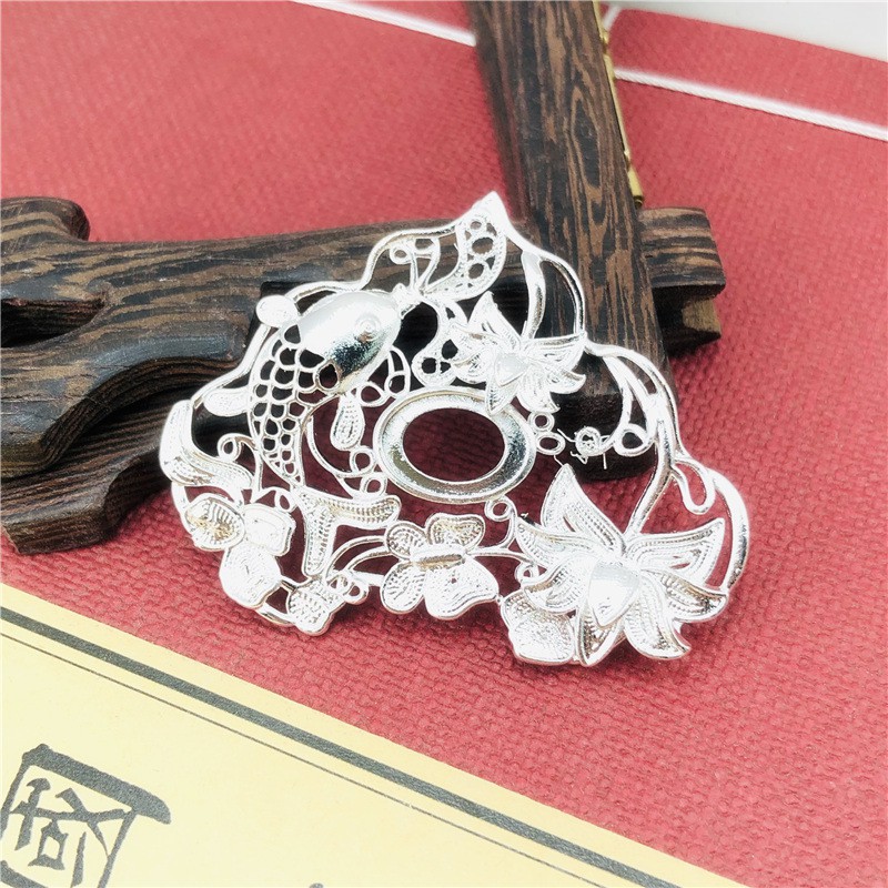 1 phiến đúc họa tiết khóa trường thọ, khóa trường mệnh cá chép hoa sen 44*56mm nguyên liệu làm trâm làm trang sức