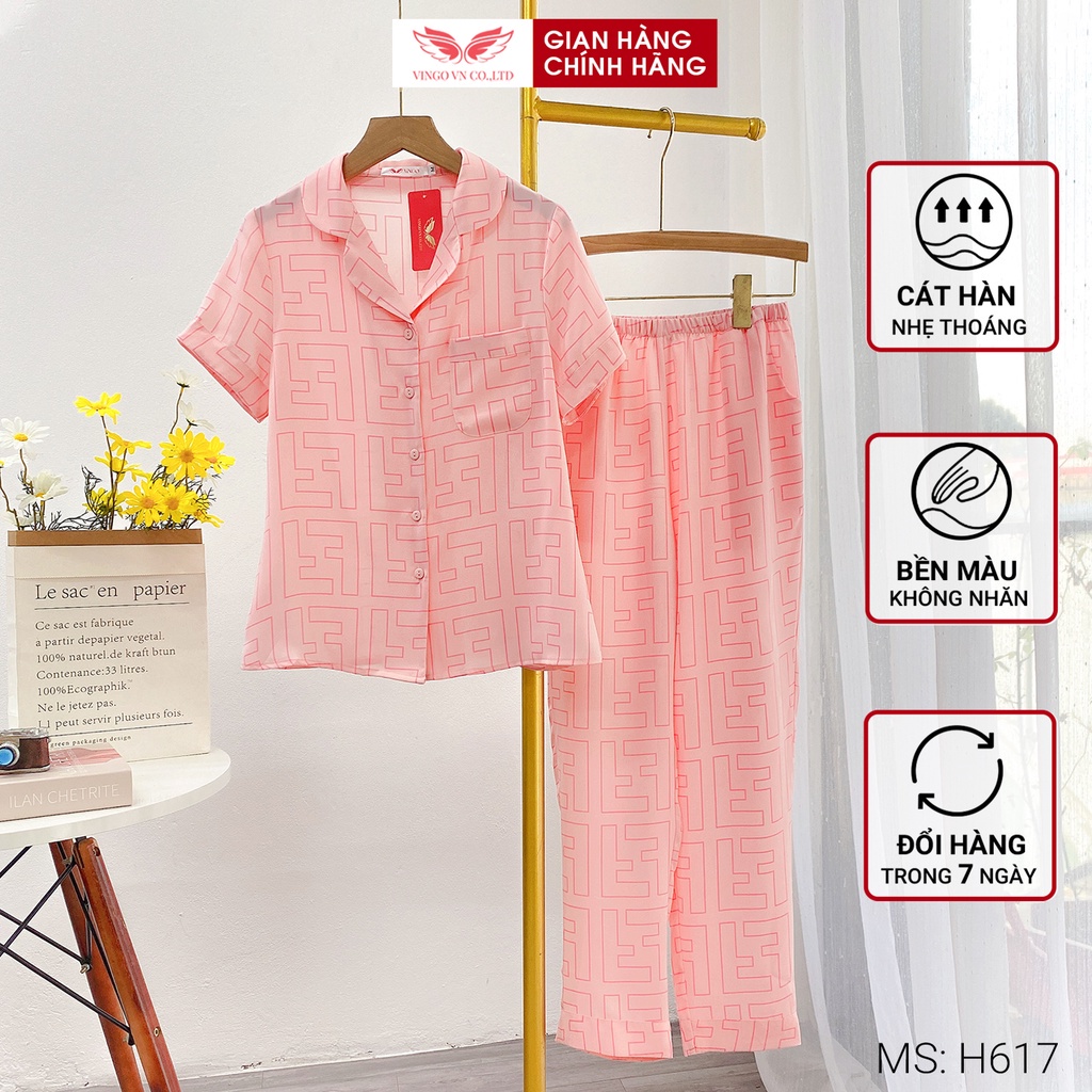 Bộ đồ mặc nhà pyjama nữ VINGO tay cộc quần dài mùaThu Đông cát Hàn cao cấp không nhăn họa tiết viền kẻ H617 - TCQD | BigBuy360 - bigbuy360.vn