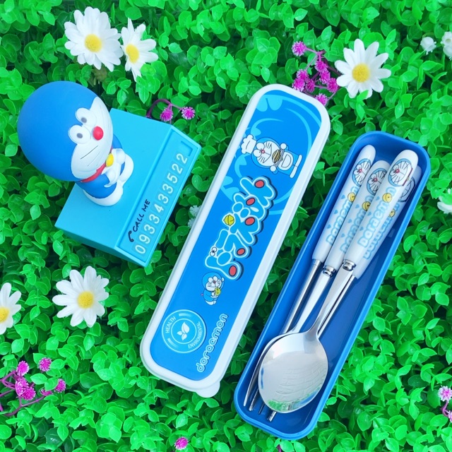 Bộ hộp đũa, muỗng, nĩa cán sứ Doremon Doraemon