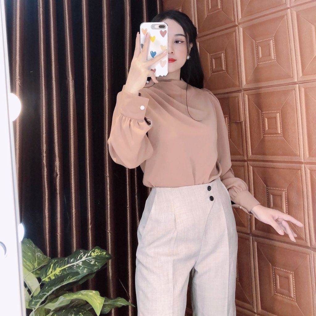 Áo kiểu công sở tay dài cao cấp, chất lụa mịn dày dặn, co giãn, mịn mát, không nhăn | BigBuy360 - bigbuy360.vn