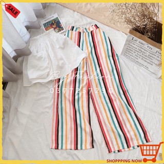 Set thời trang Nữ Big Fashion Áo trắng bo thun cup ngực Phối Quần Dài Suông Phối Sọc đi biển (kèm hình thật)