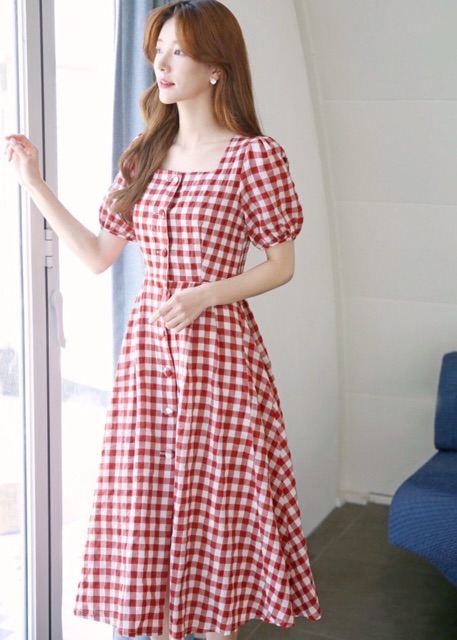 Đầm váy caro đỏ nút bọc xuongvnxk